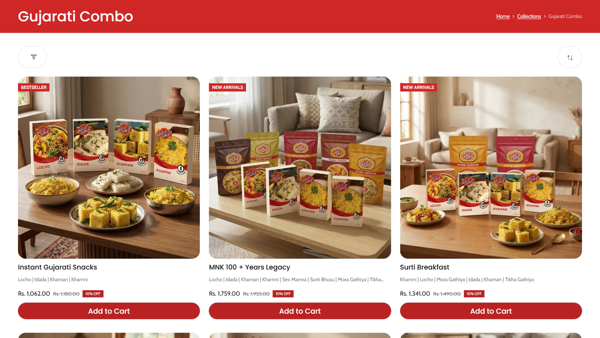 The Gujarati Combo collection: Instant Gujarati Snacks, MNK 100+ Years Legacy and Surti Breakfast combos, with their prices, 10% off and Add to cart.