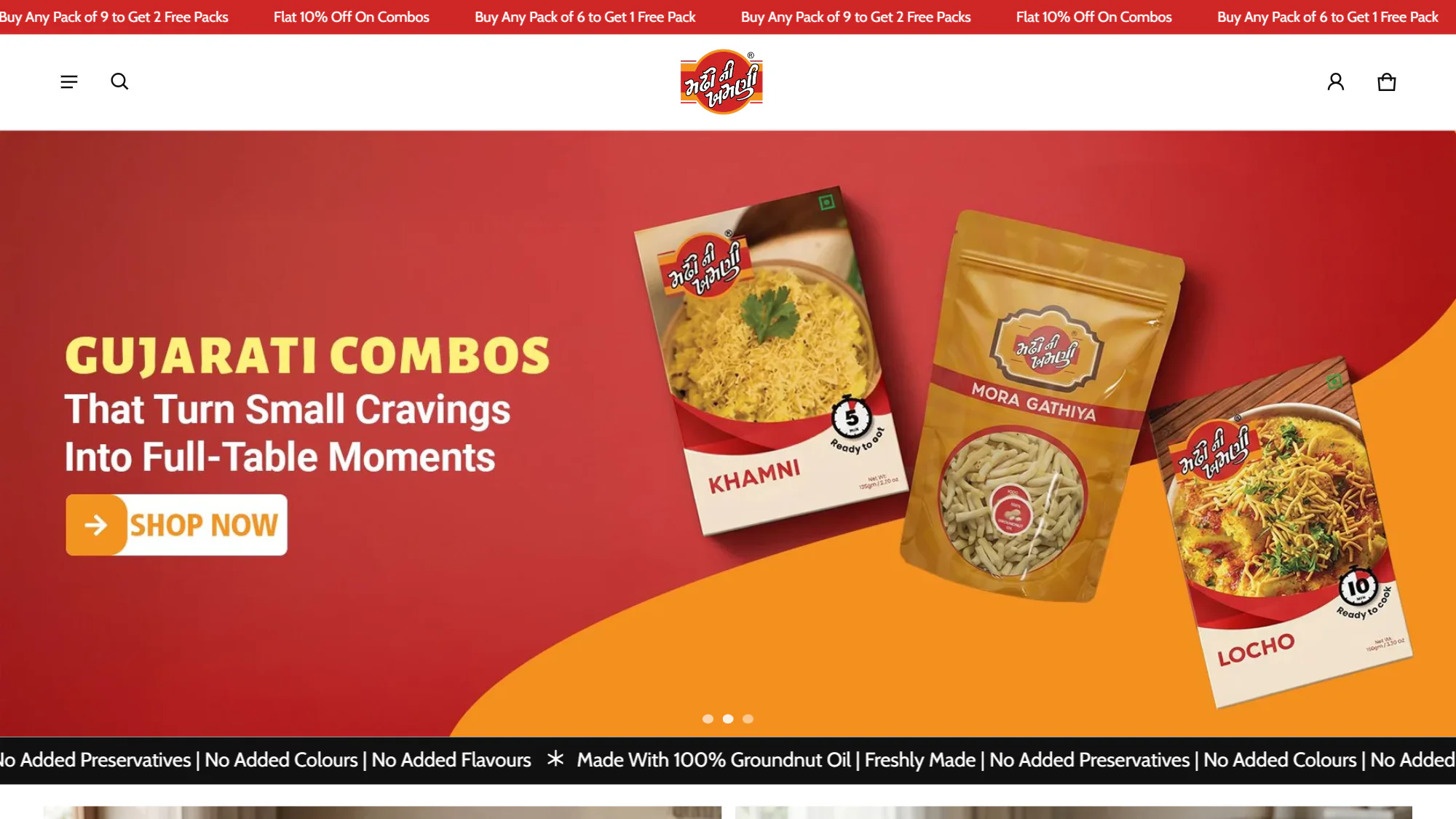The themadhinikhamni.com home page: a hero for Gujarati combos that turn small cravings into full-table moments, with Khamni, Mora Gathiya and Locho packs, under a bar of pack offers.