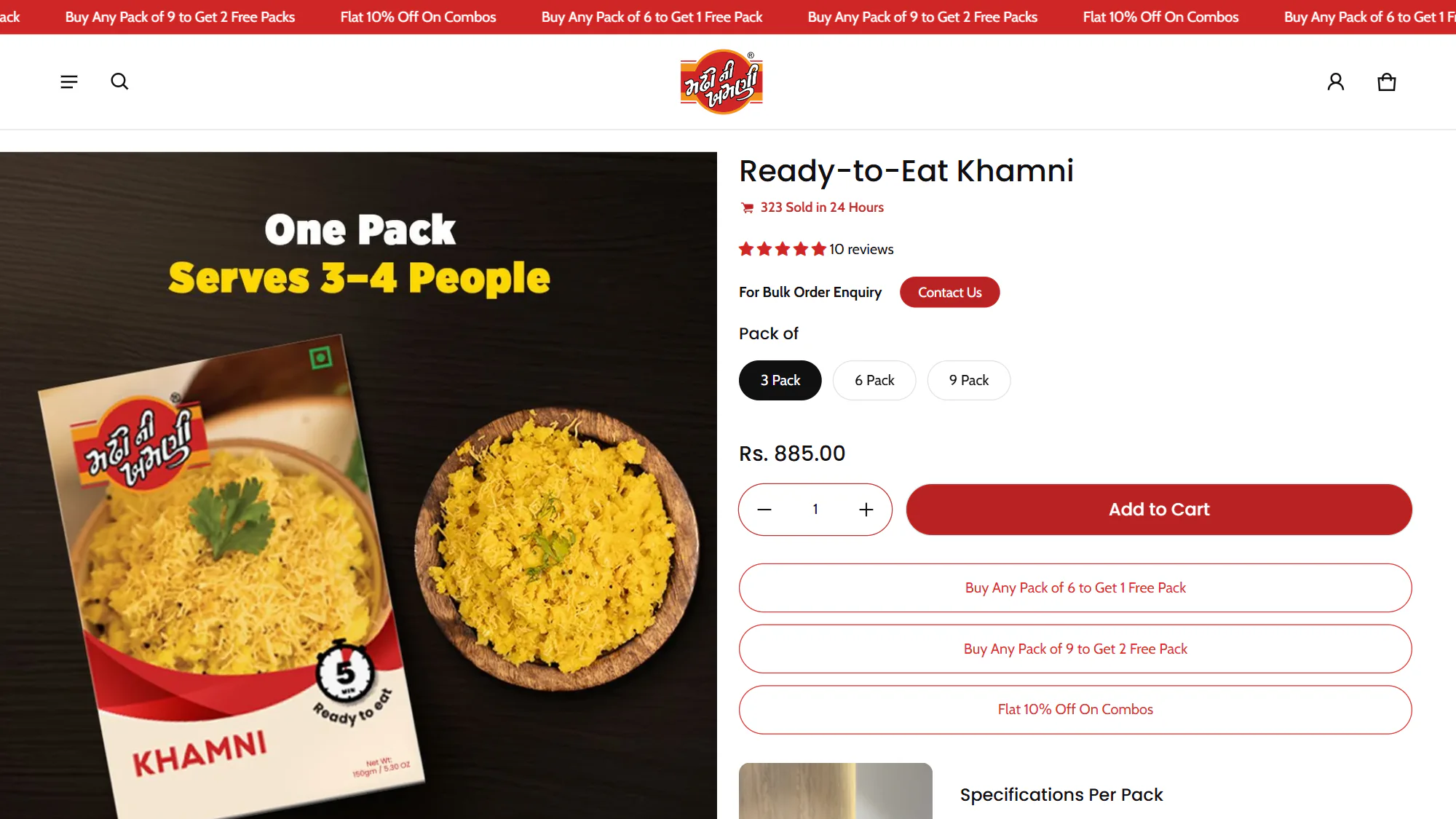 The product page for Ready-to-Eat Khamni: its photos, a five-star rating from 10 reviews, 3, 6 and 9 pack options, the price, Add to cart, the pack offers and a bulk order enquiry button.