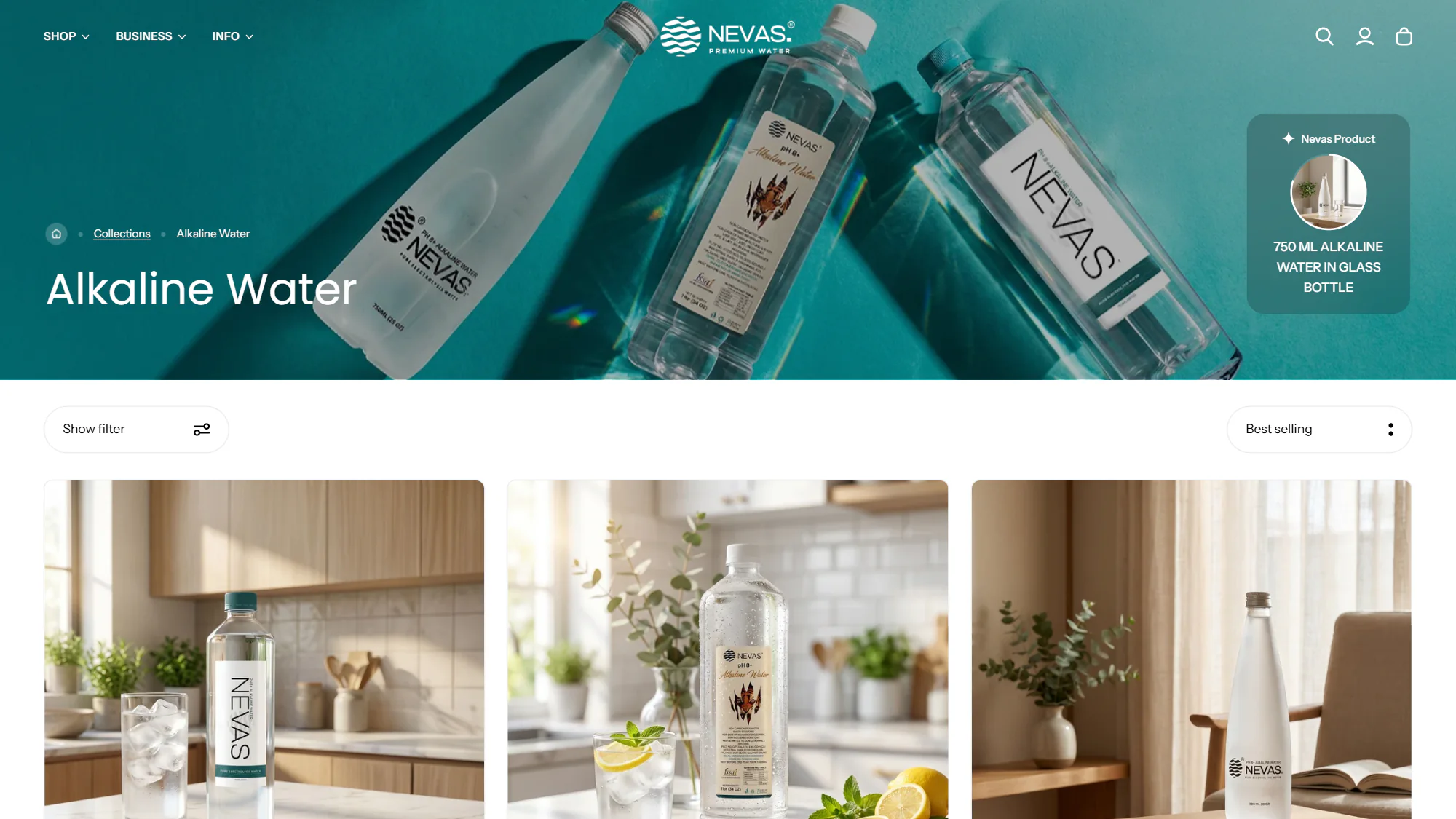 The Alkaline Water collection on nevas.in: three NEVAS bottles on teal behind the title, over the first row of products.