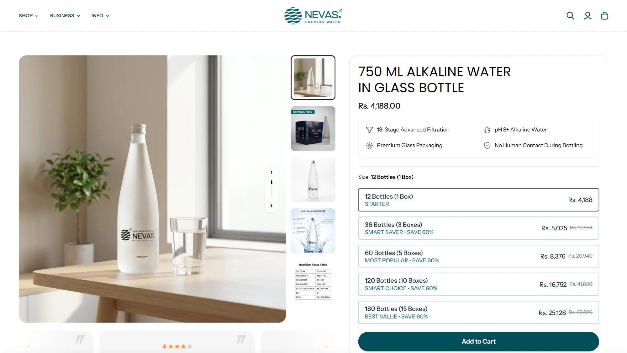 The product page for the 750 ml alkaline water in a glass bottle: its photos, price, features, box bundles from 12 to 180 bottles, and Add to Cart.