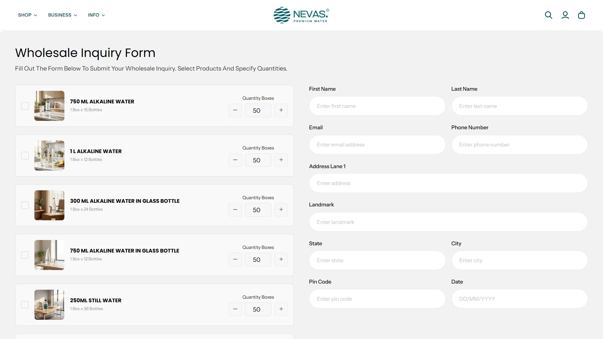 The Wholesale Inquiry Form on nevas.in: the products to order by the box on the left, the buyer’s details on the right.
