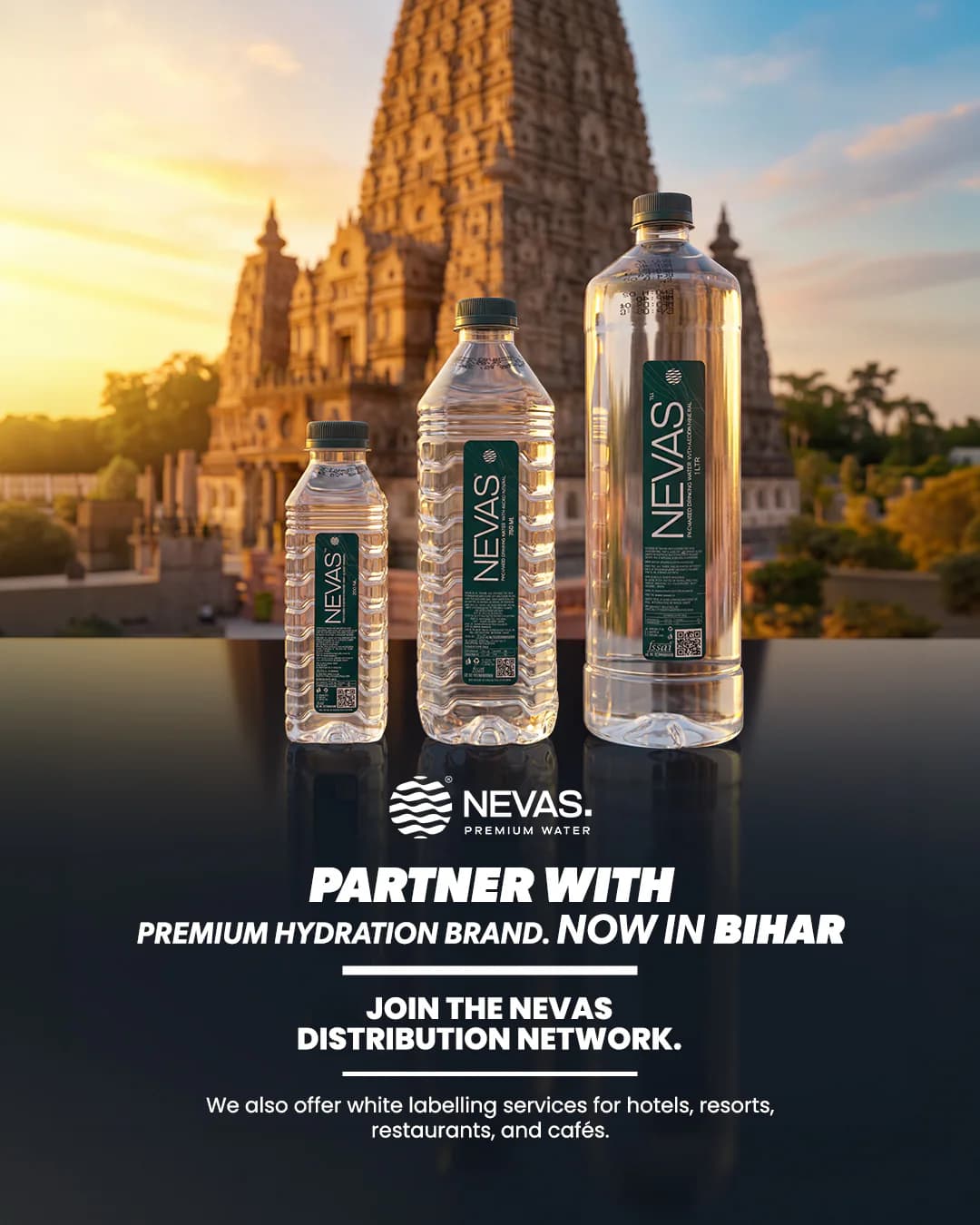 A NEVAS ad for distributors, Partner with premium hydration brand, now in Bihar: three bottles before a temple at sunset.