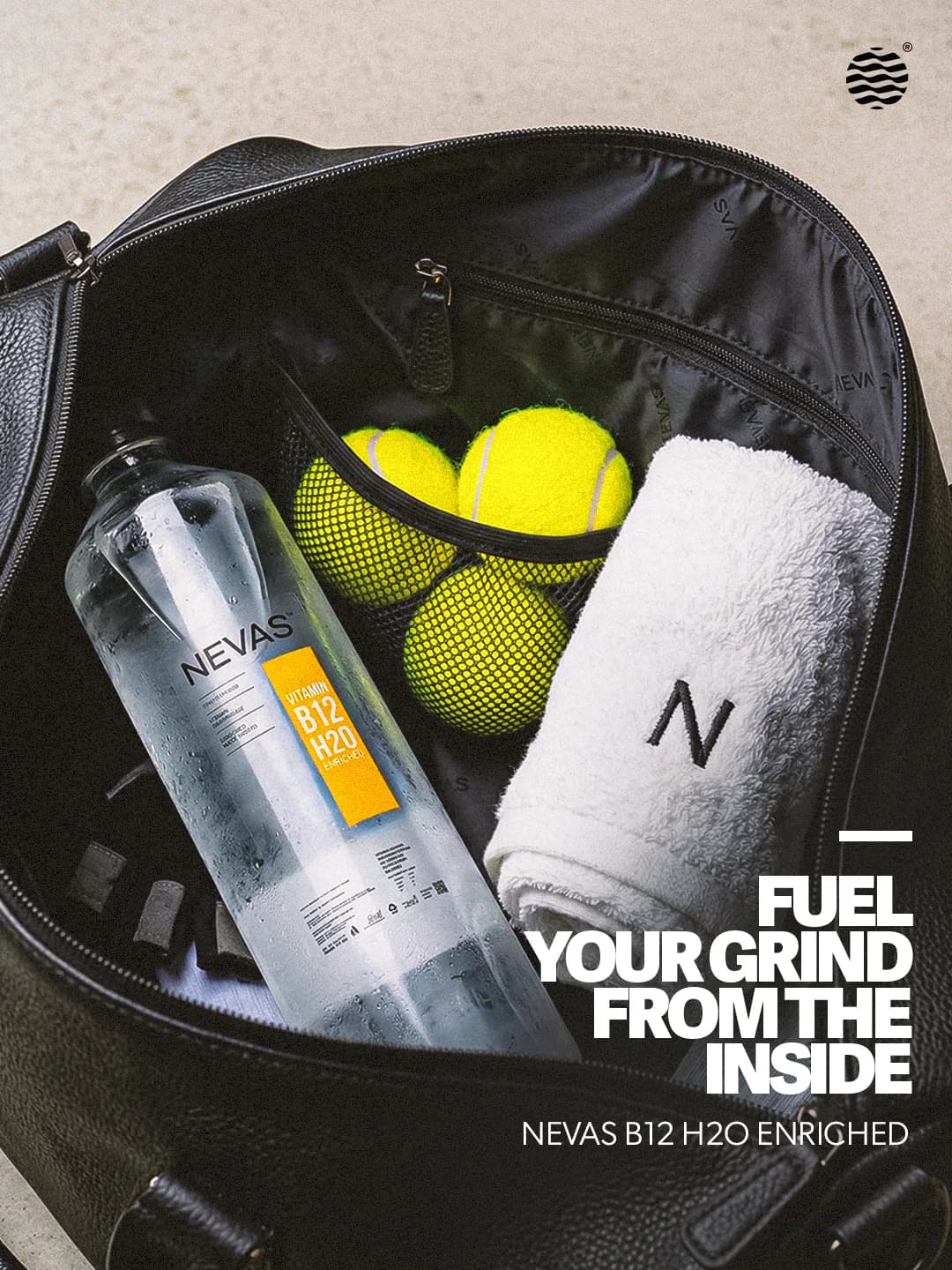 A NEVAS post for the B12 water, Fuel your grind from the inside: the bottle in a gym bag beside tennis balls and a towel.