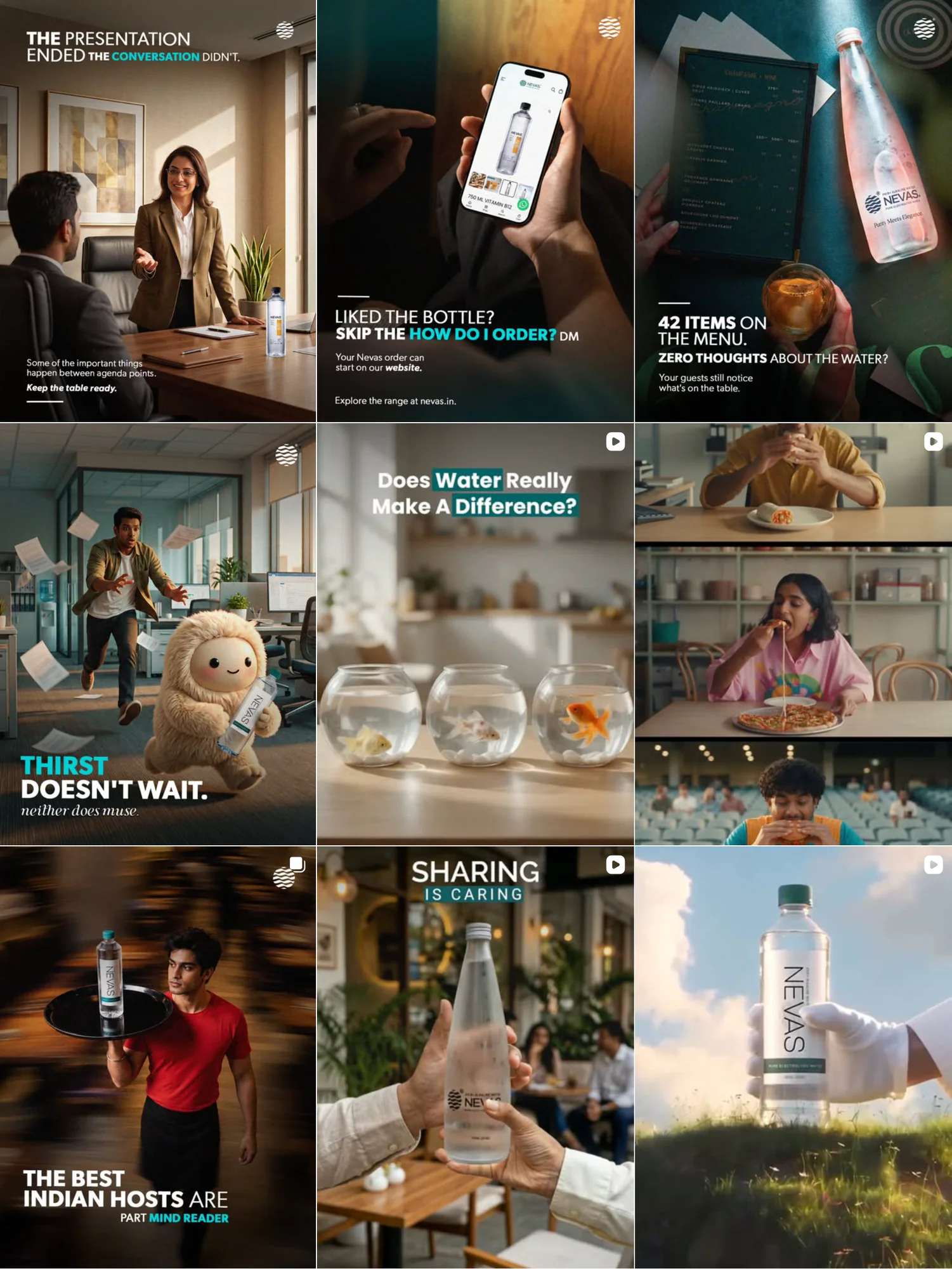 Nine posts from the NEVAS Instagram grid, @nevas.water: The presentation ended, the conversation didn’t; Liked the bottle?; 42 items on the menu; Thirst doesn’t wait; Does water really make a difference?; The best Indian hosts are part mind reader; Sharing is caring.