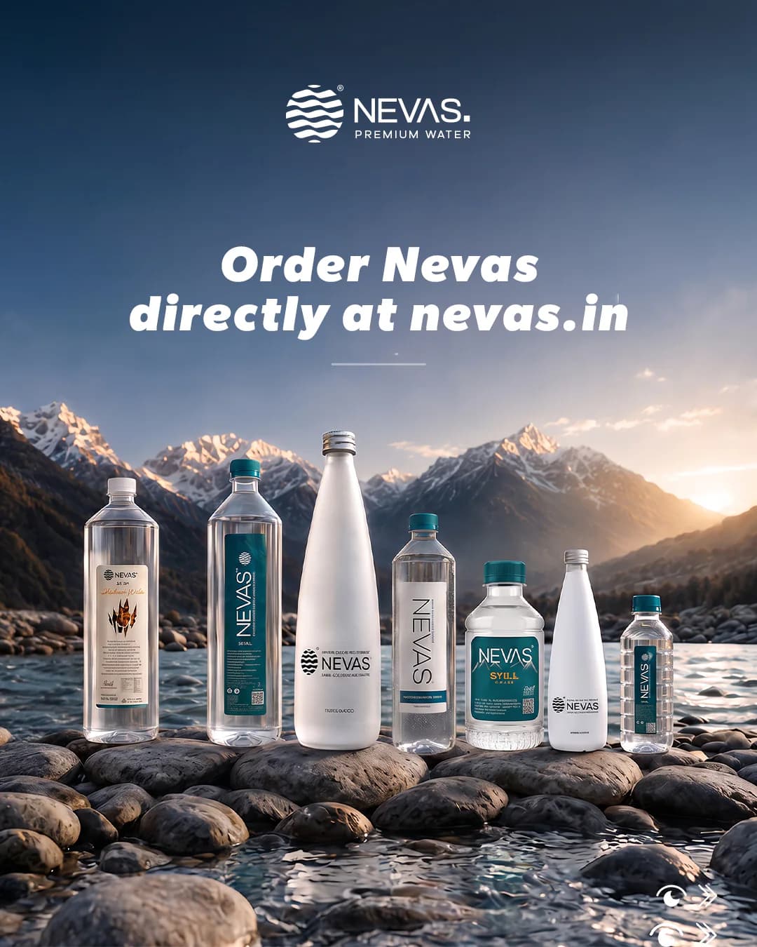 A NEVAS social post, Order Nevas directly at nevas.in: the whole bottle range on river stones below snowy mountains.