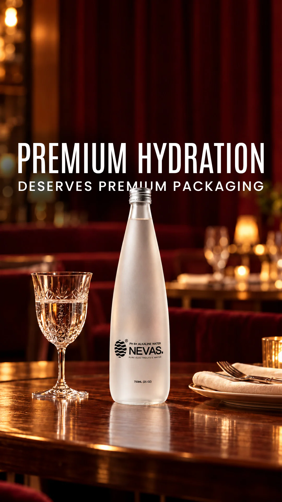 A NEVAS story ad, Premium hydration deserves premium packaging: the frosted glass bottle on a restaurant table.