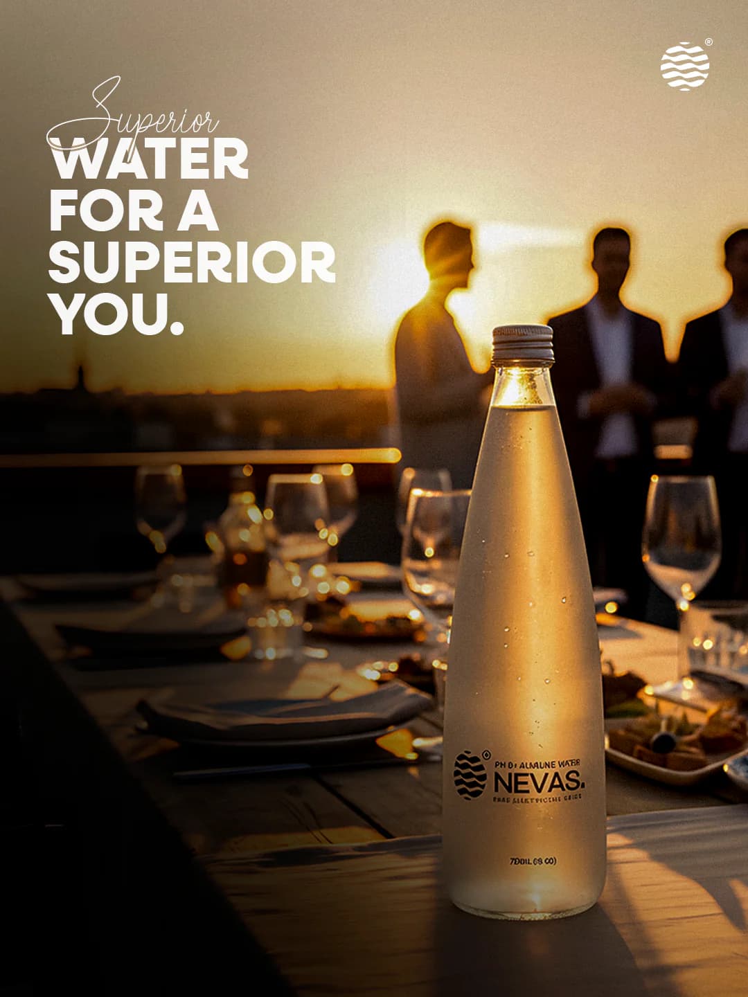 A NEVAS social post, Water for a superior you: the frosted glass bottle on a dinner table at golden hour.