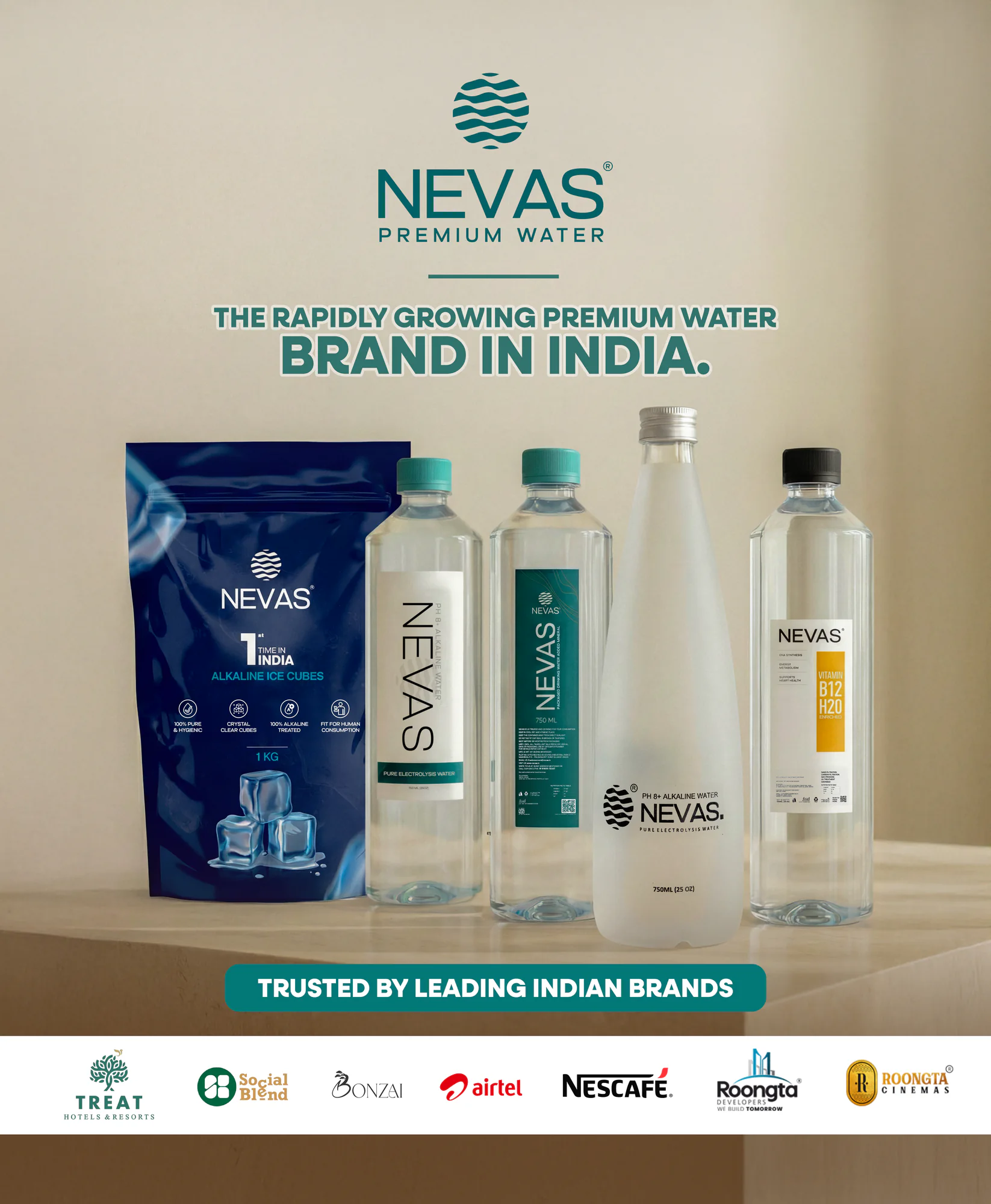 A NEVAS exhibition stall poster, The rapidly growing premium water brand in India, over the range and the line Trusted by leading Indian brands.