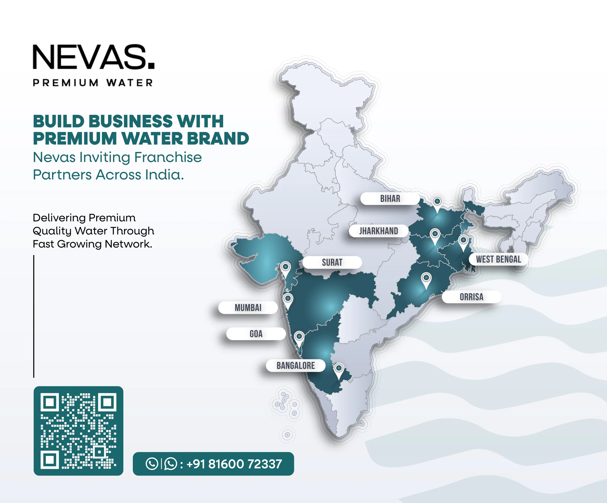 A NEVAS exhibition poster for franchise partners, Build business with premium water brand, beside a map of India marking its markets.