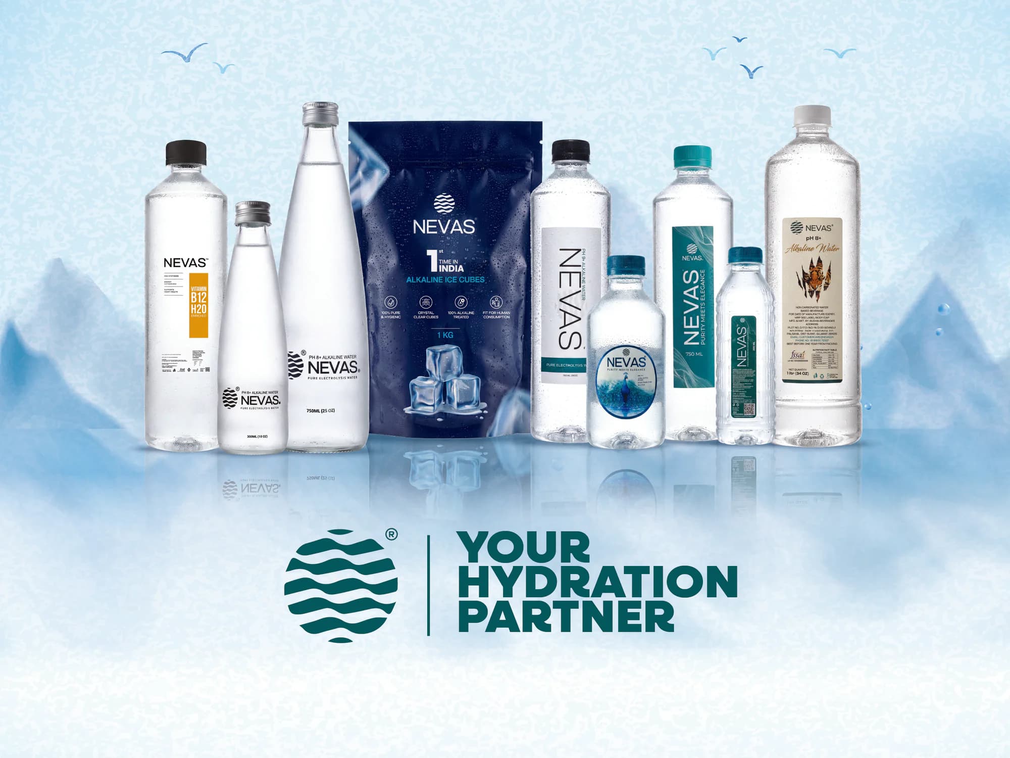 A NEVAS wall banner from the Goa branding, Your hydration partner: the full range and the ice cube pouch over misty blue mountains.