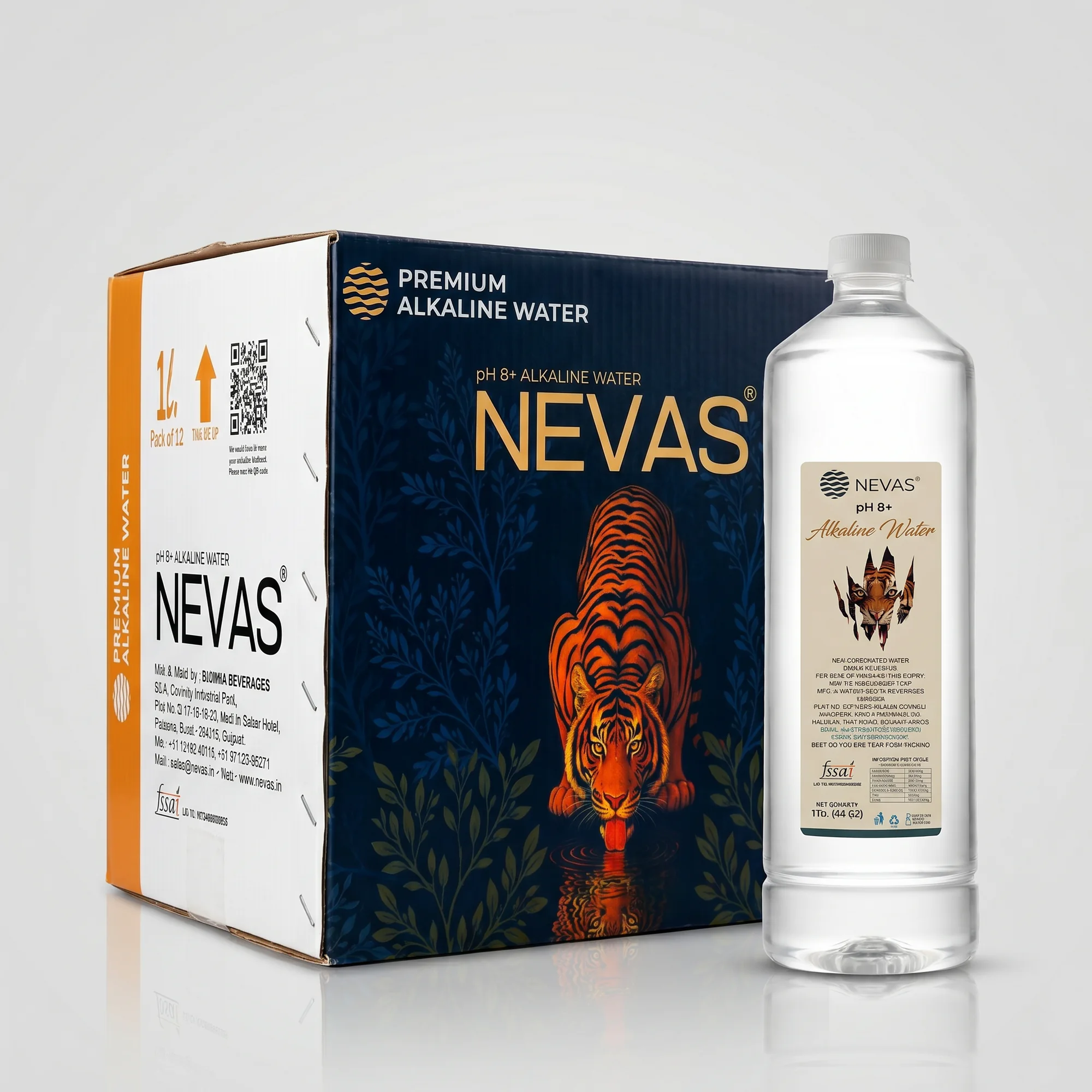 The NEVAS alkaline water carton, navy with an orange tiger, beside the 1 litre bottle with the tiger label.