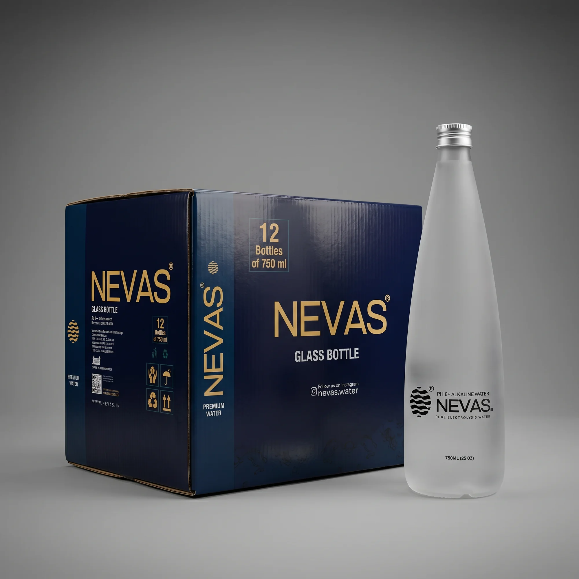 The navy NEVAS carton for twelve 750 ml glass bottles, beside the frosted glass bottle.