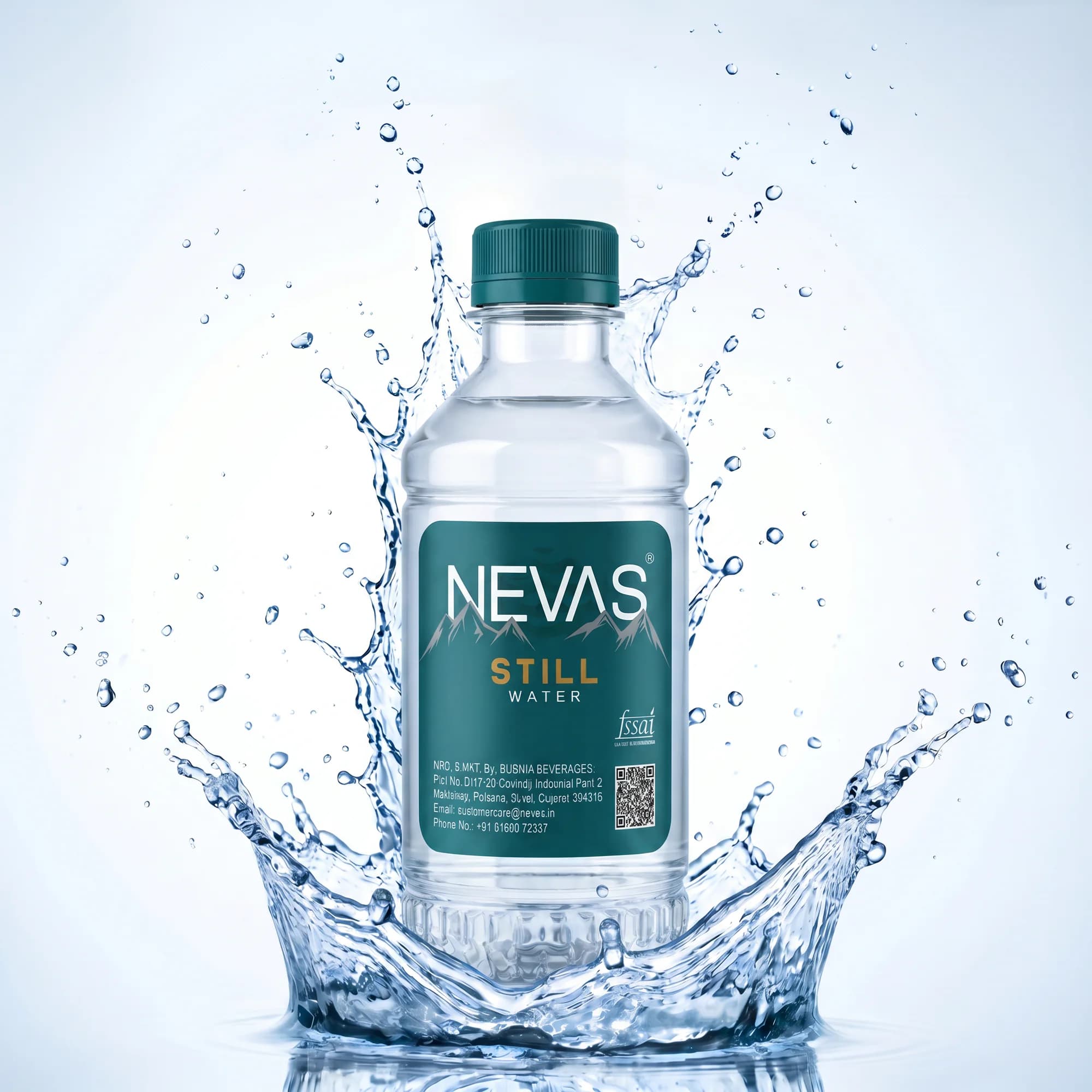 The 250 ml NEVAS still water bottle, its teal label lettered Still water under a line of mountains, in a crown of splashing water.