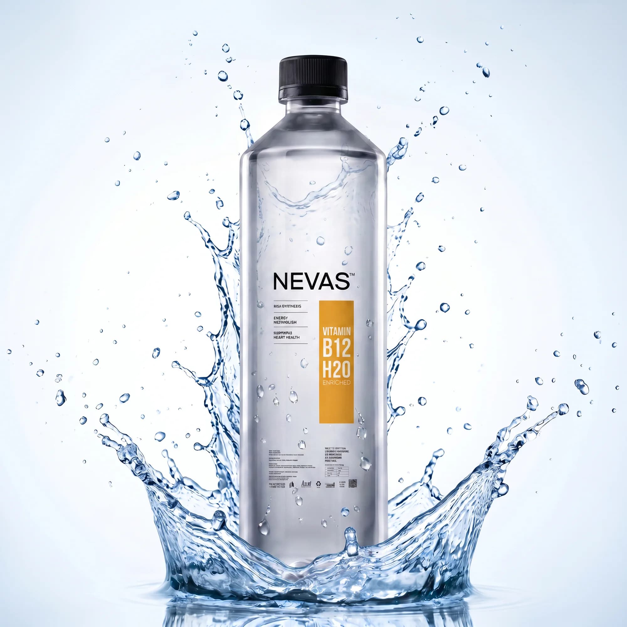 The NEVAS Vitamin B12 H2O bottle, its orange B12 band on a clear label, in a crown of splashing water.